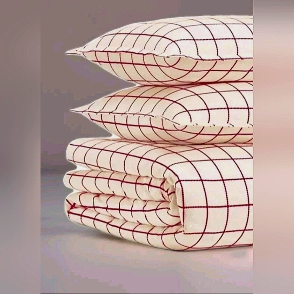 Queen Duvet Cover Pillow Sham Red Cream White Plaid Bedding Standard Textile - Picture 7 of 8